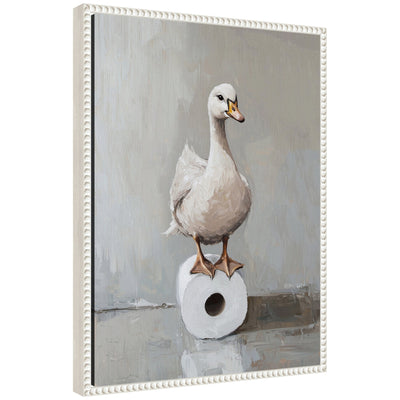 Framed canvas artwork of a goose standing on a toilet paper roll by The Creative Bunch Studio