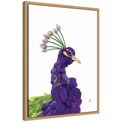Peacock framed canvas wall art print by Madeline Jeppesen in a bright gold frame hanging on a wall.