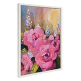 Framed canvas painting featuring vibrant pink peonies and soft purple flowers against a warm, blurred beige background, signed by Mary Sparrow.