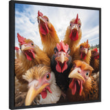 Close-up of nine chickens with varied feather colors including black, brown, and beige, all facing the camera against a cloudy sky background.