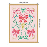 Pink background canvas with various Christmas bows in red, green, teal, and gold, framed in natural wood, size 18x24 inches.