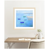 Framed painting 'Calm Waters' showing five small boats in varying blue and green shades floating on a serene blue sea with faint clouds and soft sunlight.