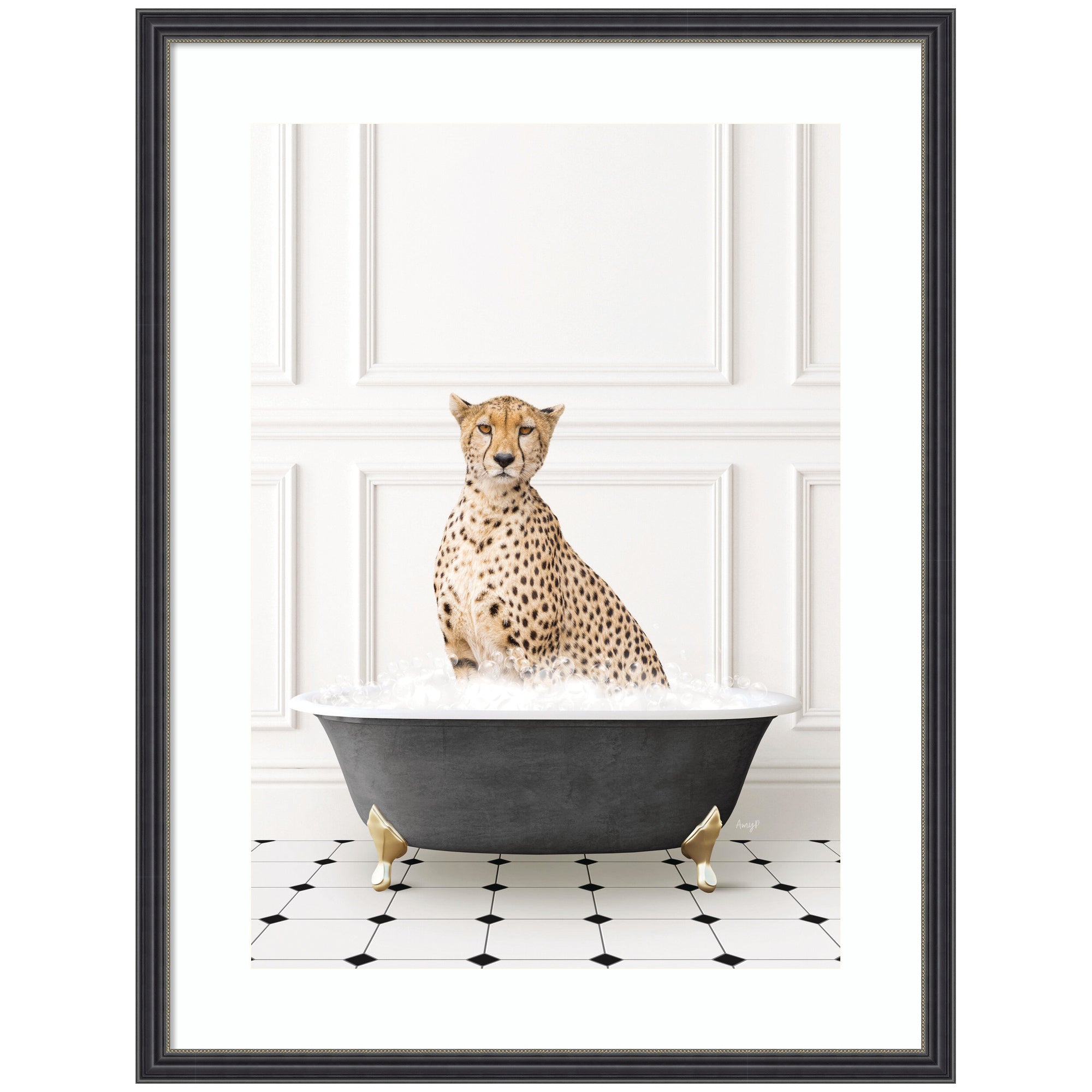 Framed black and white wall art print depicting a cheetah sitting in a classic bathtub by Amy Peterson