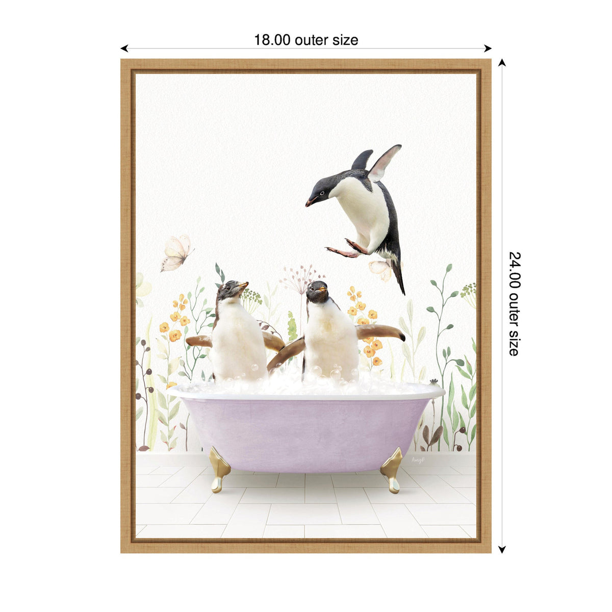 Three penguins in a lavender clawfoot bathtub with foam, one jumping in, set against a white wall with delicate yellow and green floral patterns.