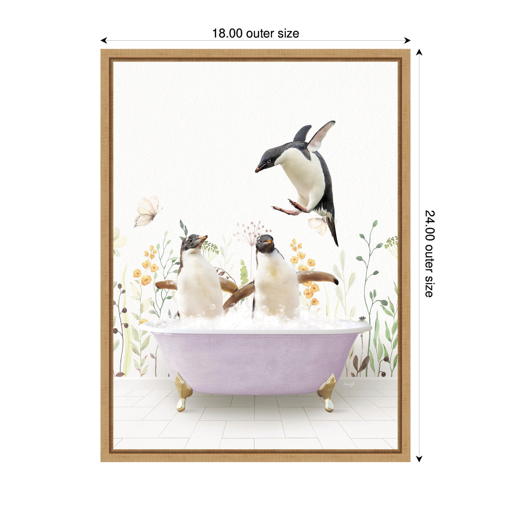 Sylvie Penguins in Spring Bathtub Framed Canvas by Amy Peterson