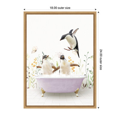 Sylvie Penguins in Spring Bathtub Framed Canvas by Amy Peterson