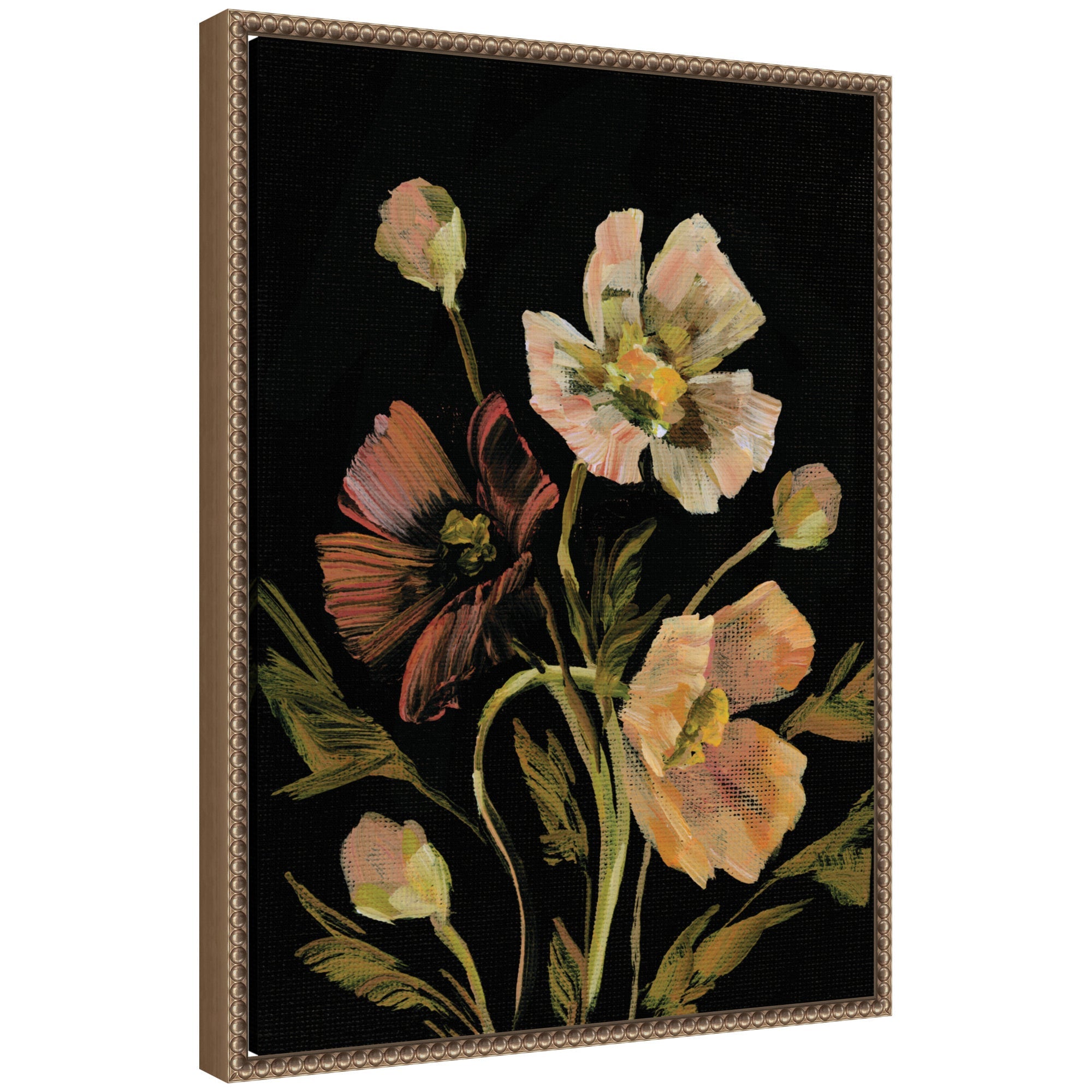 Sylvie Moody Floral 5 framed canvas art by Annie Quigley featuring moody floral design in a vintage beaded frame