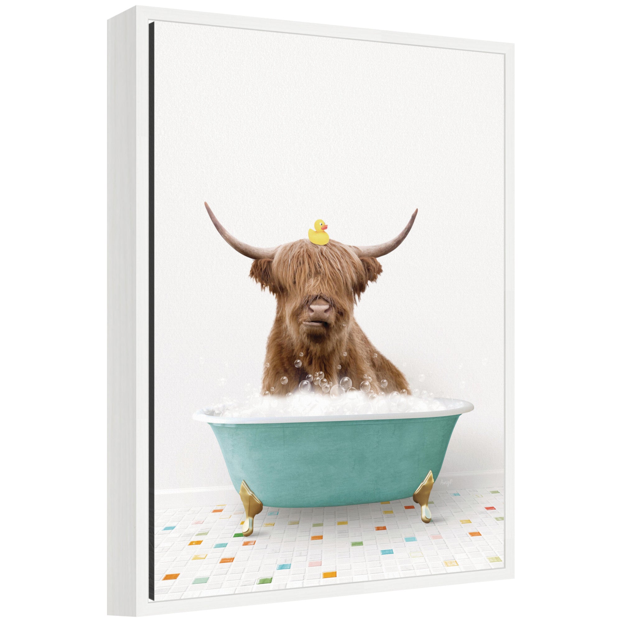 Sylvie Highland Cow in Teal Bathtub on Colored Tile Framed Canvas