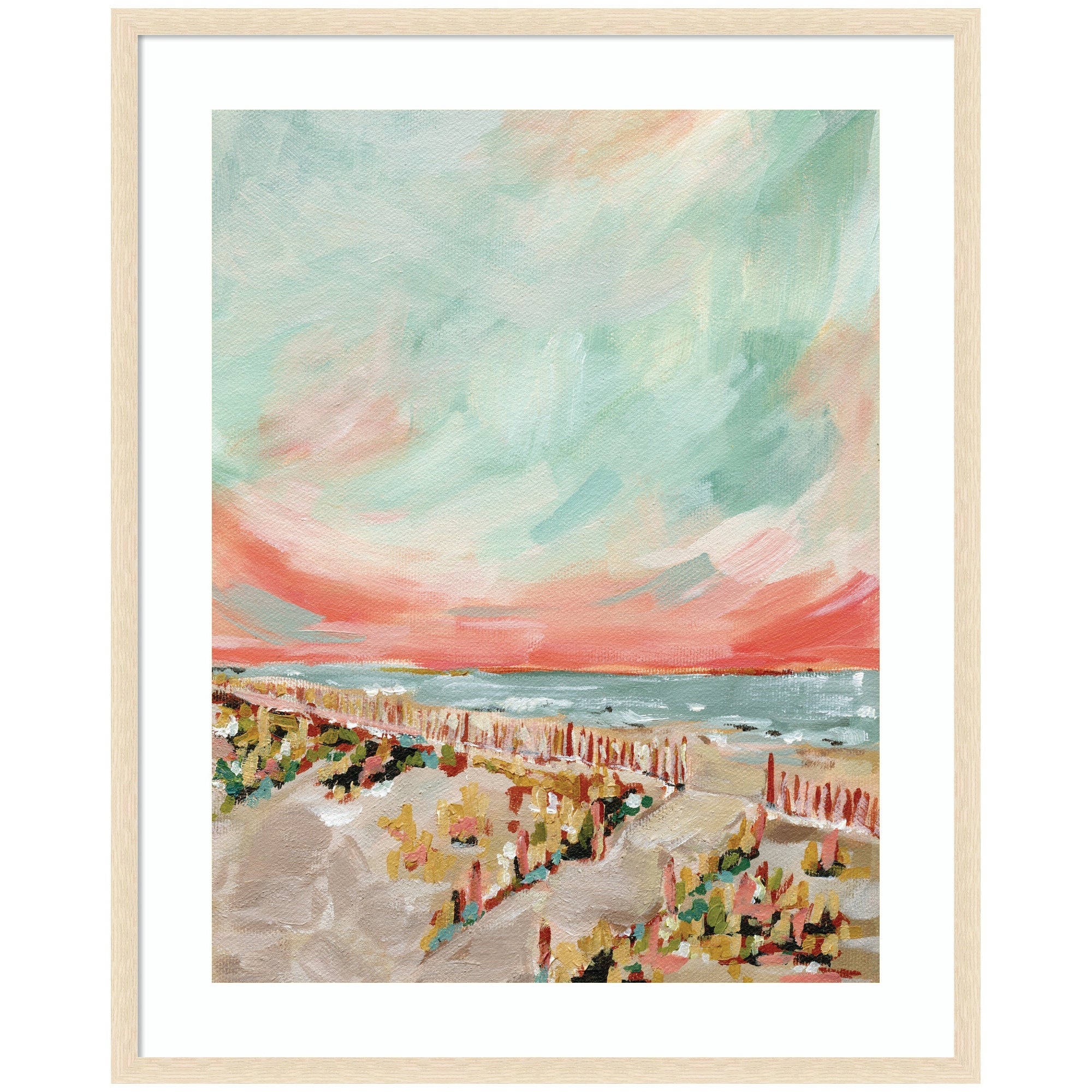 Framed coastal landscape artwork featuring sandy dunes, rustic fence, ocean waves, and sunset sky by Annie Quigley