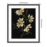 Framed painting of four cream-colored flowers with green leaves on a dark black background, titled Moody Floral 4 by Annie Quigley.