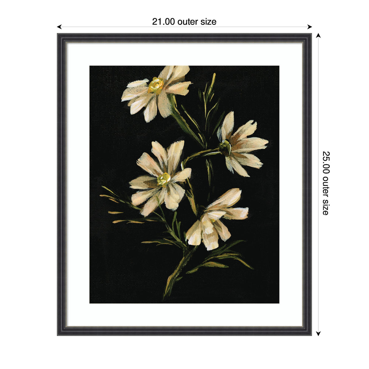 Framed painting of four cream-colored flowers with green leaves on a dark black background, titled Moody Floral 4 by Annie Quigley.