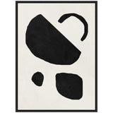 Abstract composition of four irregular black shapes on a white background within a thin black frame, evoking a minimalist modern art style.
