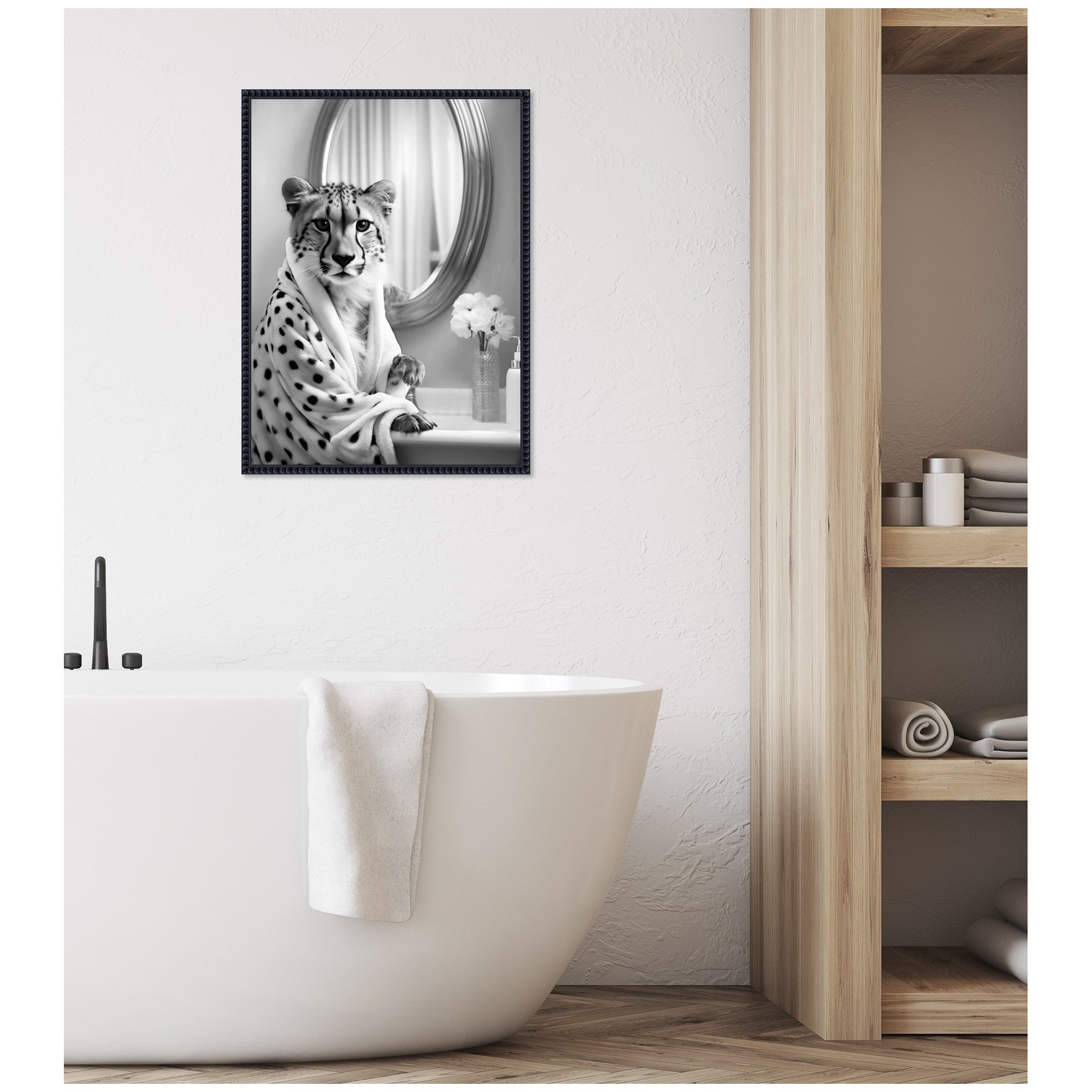 Sylvie Cheetah Glam Bathroom Towel Robe Black and White Framed Canvas