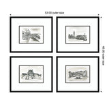 Four black-framed monochrome sketches of European landmarks arranged in a 2x2 grid, each with white mats and labeled outer dimensions 53x45 inches.