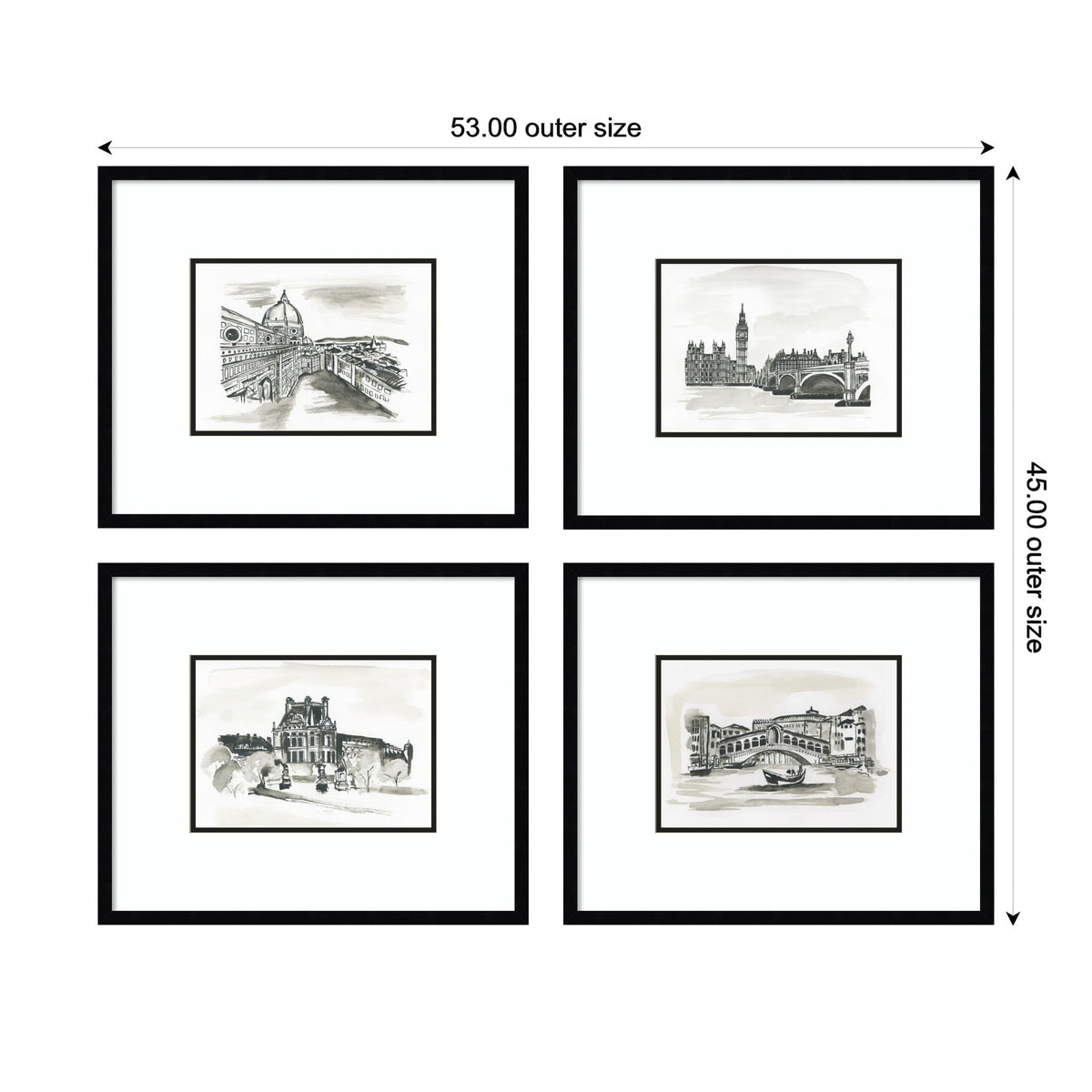 Four black-framed monochrome sketches of European landmarks arranged in a 2x2 grid, each with white mats and labeled outer dimensions 53x45 inches.