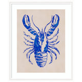 Blue watercolor illustration of a lobster with detailed claws and segmented body on beige paper, framed with a white border in a simple white frame.