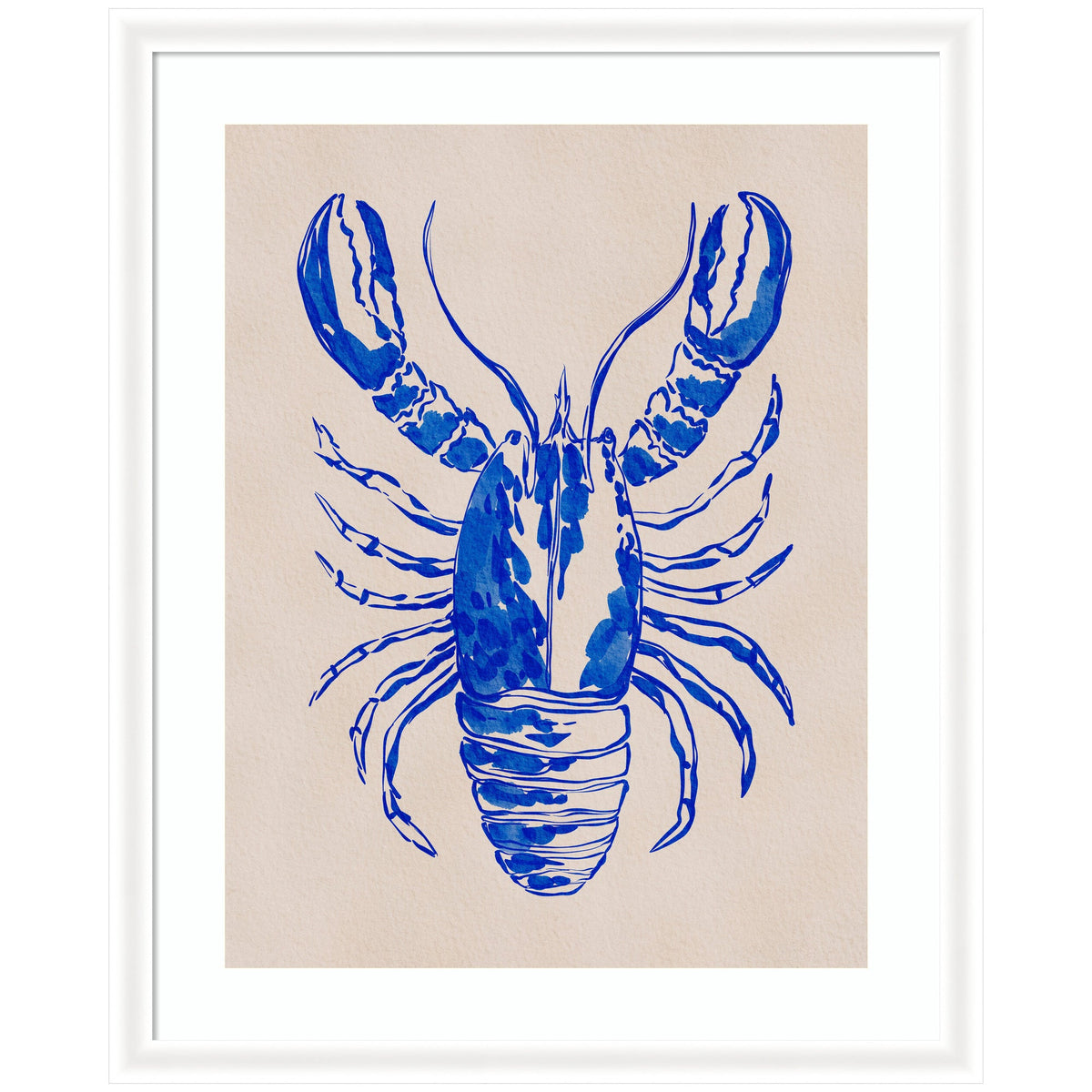 Blue watercolor illustration of a lobster with detailed claws and segmented body on beige paper, framed with a white border in a simple white frame.
