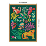 Colorful stylized jungle animals and vibrant tropical leaves on dark green background, framed with measurements showing 18 by 24 inches outer size.