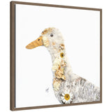 Framed canvas print of a side-profile duck silhouette filled with soft-textured white and beige flowers and birch bark patterns on a white background
