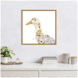 Framed canvas print of a duck profile with soft gray and beige feathers adorned with illustrated flowers, hung above a white dresser with plants and books.