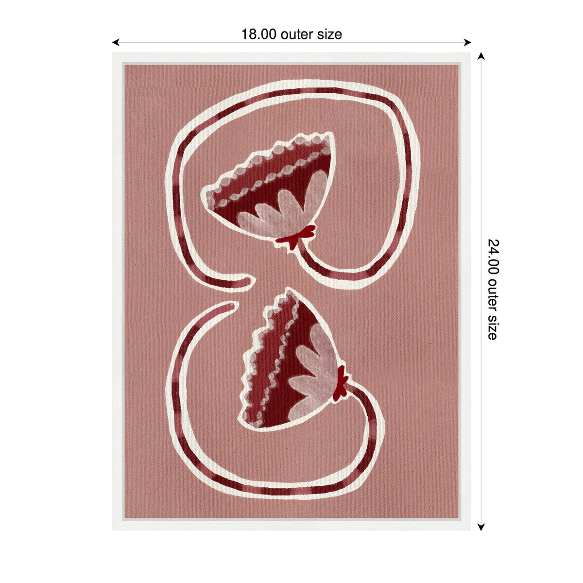 Abstract floral design featuring two maroon and white stylized blossoms with scalloped edges on a dusty pink background, framed in white, vertically oriented.