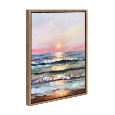 Framed canvas art depicting an ocean sunset with warm tones in white frame