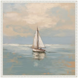 Sailboat with white sails on calm water under a pastel sky with soft blue and beige clouds, reflected gently on the water's surface.