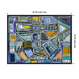 Abstract geometric composition with interconnected rectangles, triangles, and irregular shapes in blue, gold, white, and black outlined with thick black lines on a horizontal canvas.