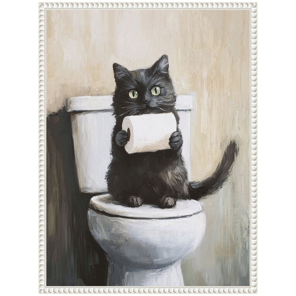 Black cat with green eyes sitting on a white toilet holding a toilet paper roll against a beige background in a white ornate frame.