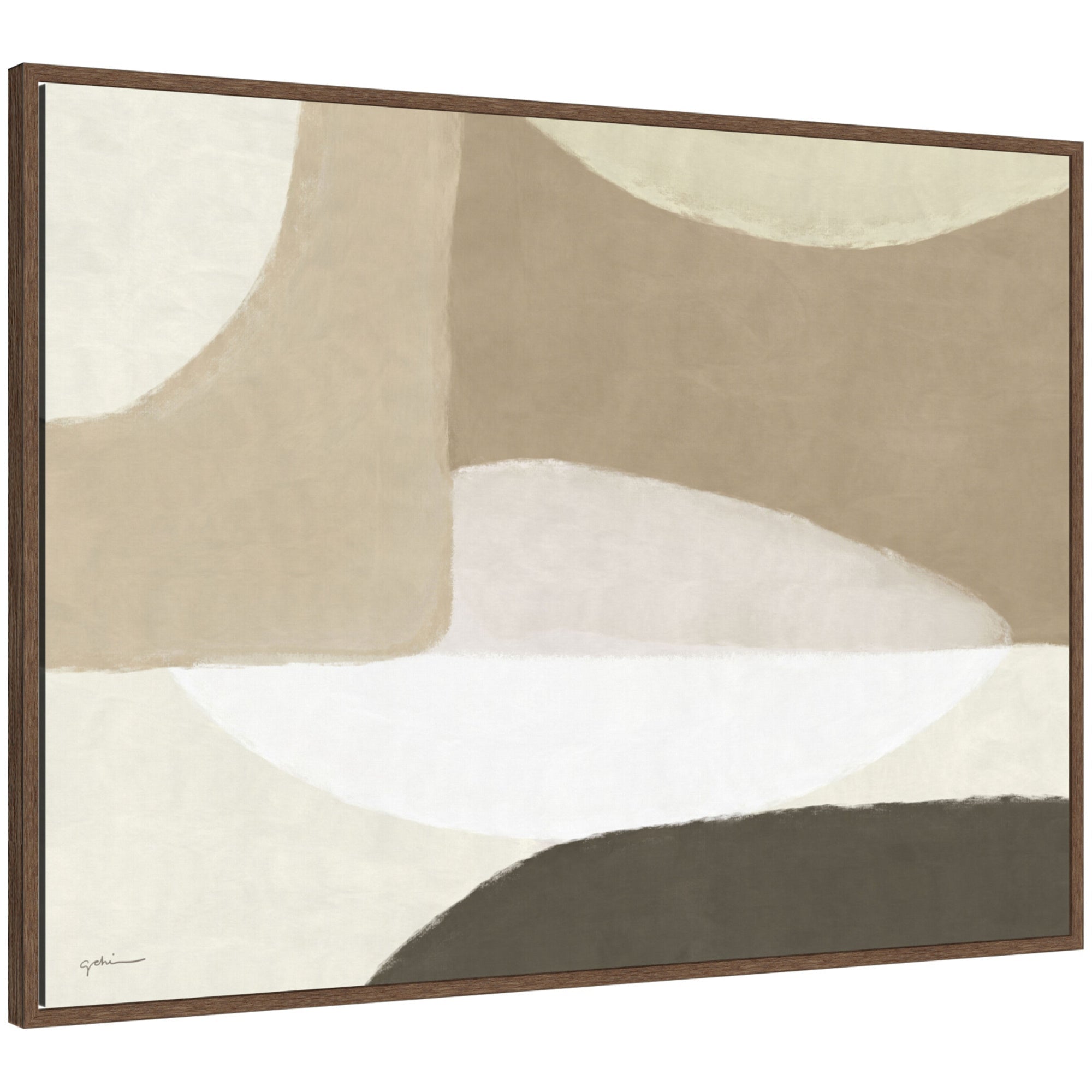 Framed canvas wall art titled Abstract Neutral by Gabrielly Guedes with neutral tones and abstract shapes in a walnut brown Sylvie frame