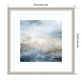 Abstract framed artwork with blended shades of blue, gray, and beige creating a serene oceanic atmosphere with soft, cloud-like textures.