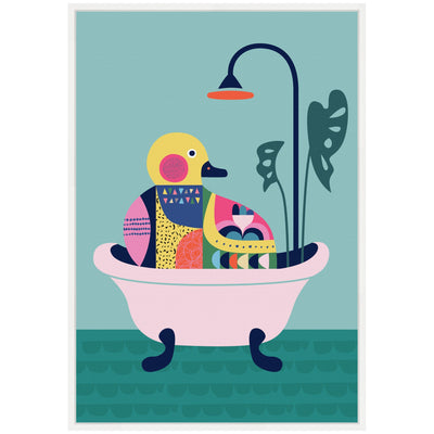 Sylvie Modern Teal Little Duckie in Bathtub Framed Canvas by Rachel Lee