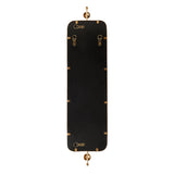 Back view of a tall, narrow rectangular mirror with rounded corners, featuring a black surface and brass metal fastening hardware at edges and mounting points.
