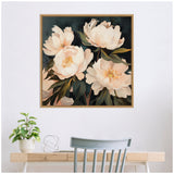 Framed canvas painting of four large white peonies with soft pink and cream tones against a dark green leafy background, hanging above a desk with a plant and chair.