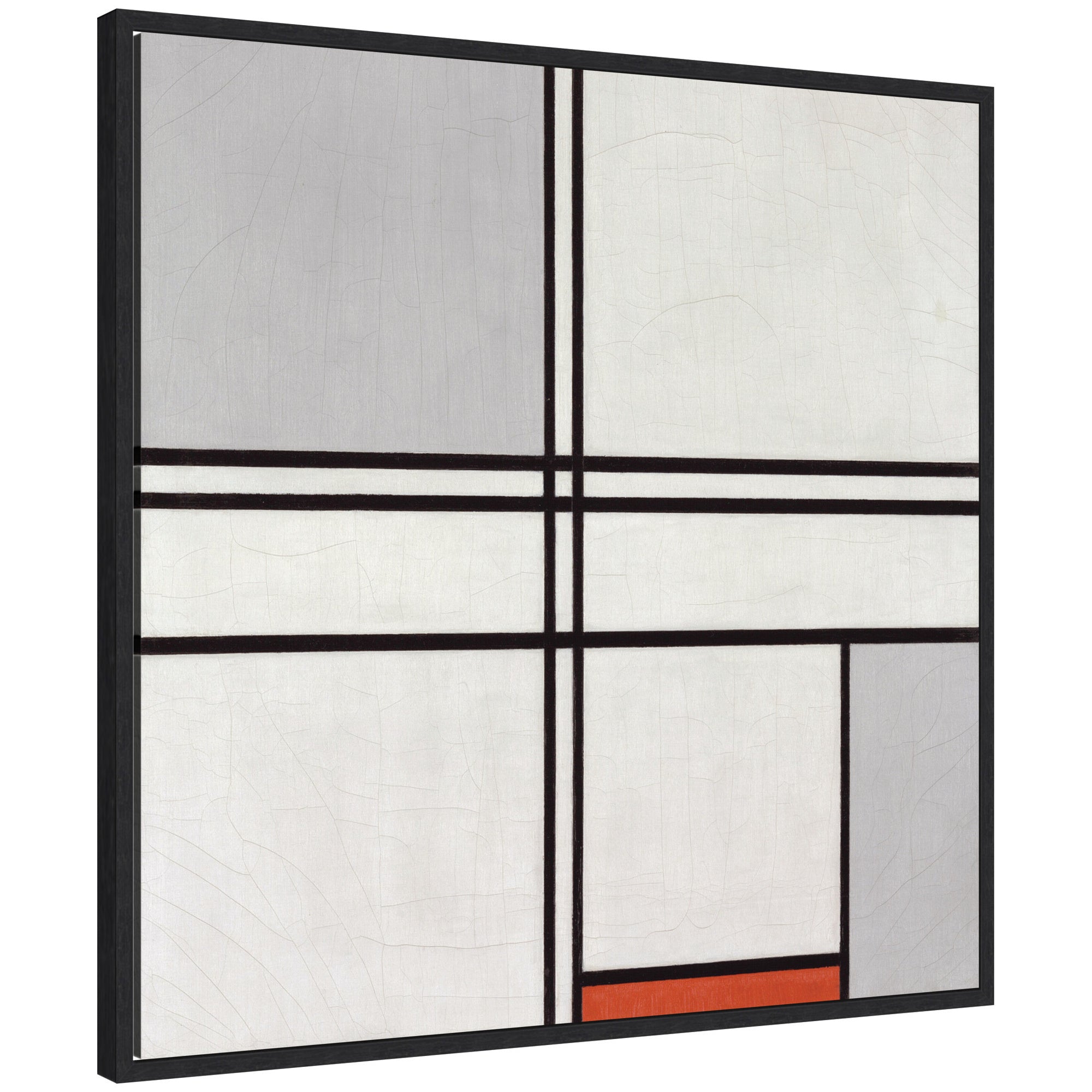 Framed canvas art of Sylvie Piet Mondrian Composition No 1 Gray Red 1935 featuring geometric blocks in gray, red, black, and white.