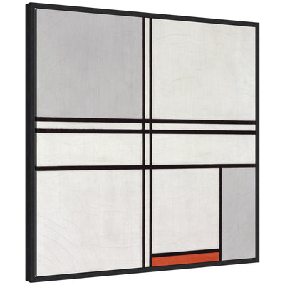 Framed canvas art of Sylvie Piet Mondrian Composition No 1 Gray Red 1935 featuring geometric blocks in gray, red, black, and white.