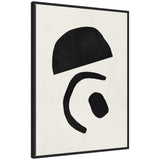 Abstract black geometric shapes including a semicircle on top and an incomplete closed loop with a solid irregular shape inside on a white canvas, framed in black.