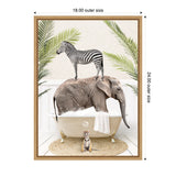 Illustration of a gray elephant in a white clawfoot bathtub filled with bubbles, a zebra standing on the elephant's back, and a small tiger cub sitting on a round rug beneath the tub, with palm leaves in the background.