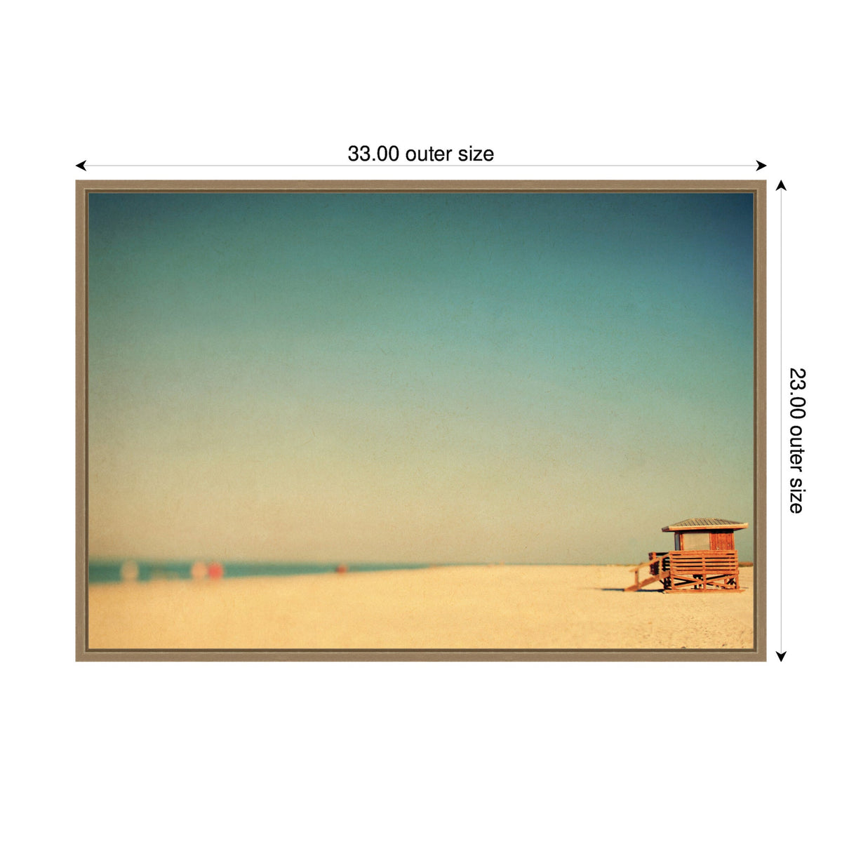 Minimalist beach scene with a single wooden lifeguard hut on the sandy shore under a clear gradient blue sky, framed with 33 by 23-inch dimensions.
