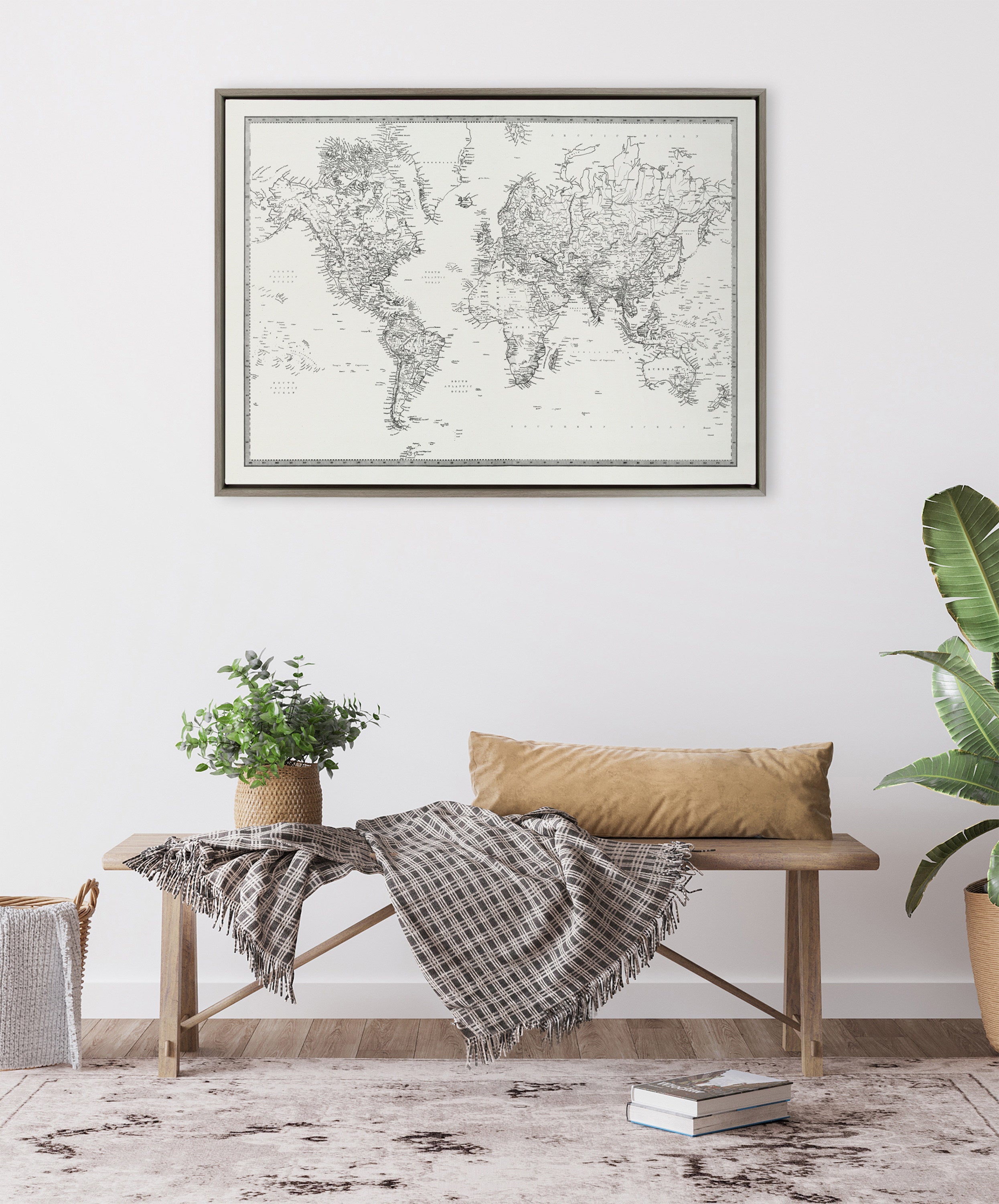Sylvie Vintage Black and White World Map Framed Canvas by The Creative