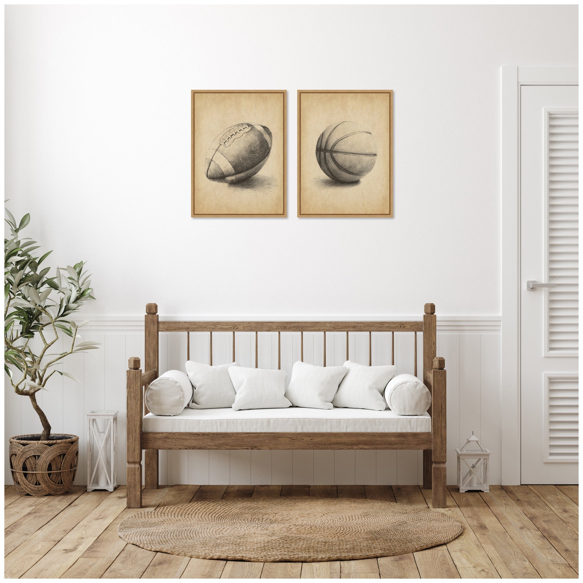 Vintage Football & Basketball 2 Piece Framed Canvas Wall Art Set by The Creative Bunch Studio