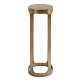 Tall, slender metal drink table in a brushed brass finish with a circular top and an open rectangular-frame base connected to a round bottom ring.