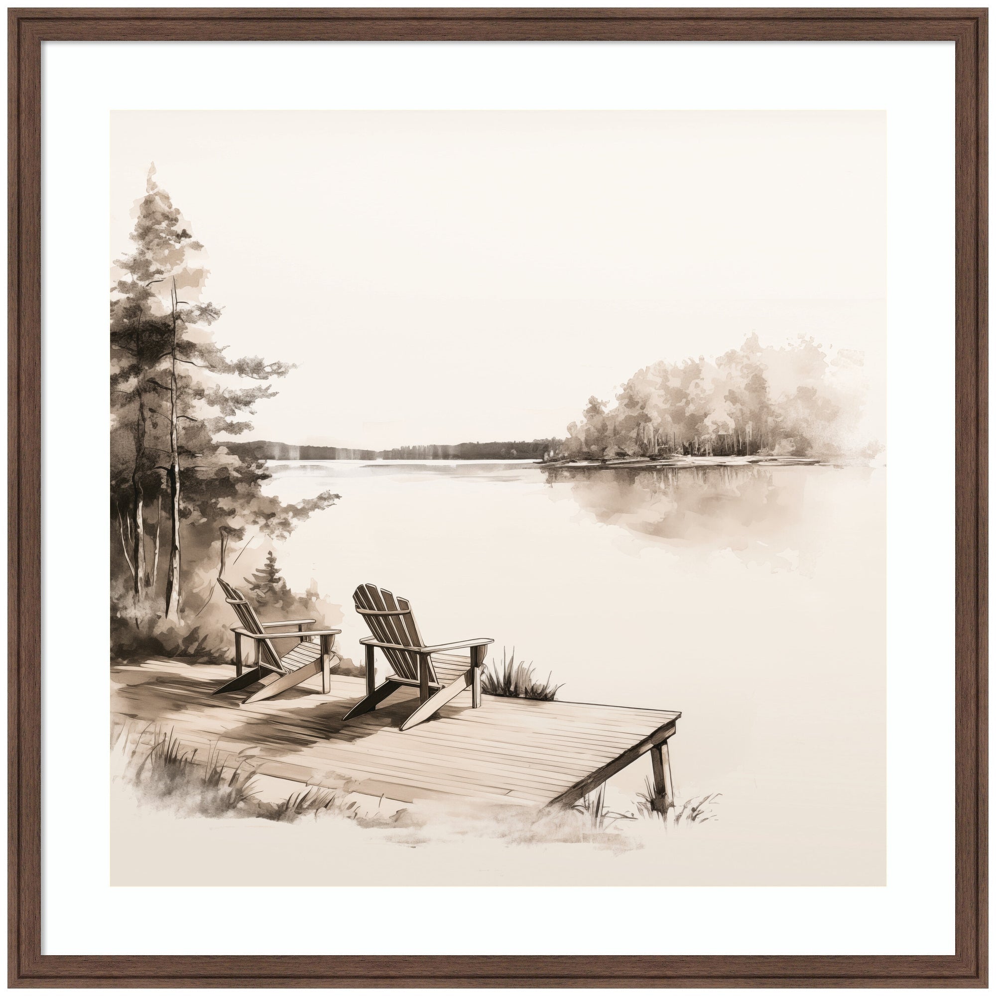 Abstract Sketch Of Adirondack Chairs On A Dock by The Creative Bunch Studio Framed Wall Art Print