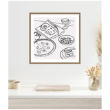 Black line drawing of a dining table with a pizza, cheese wedge, bowl of salad, slice of pie, and a glass on white background in a wooden frame hung on white wall.