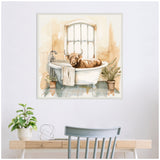 Watercolor painting of a brown Highland cow resting inside a white clawfoot bathtub in a sunny tiled bathroom with a window and potted plants nearby.