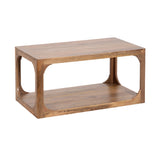Rectangular wooden coffee table with open sides and rounded corner cutouts, featuring a solid top and bottom shelf in medium brown wood tone.