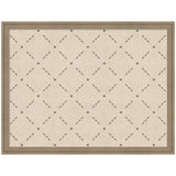 Beige fabric surface framed in light wood with a subtle green lattice pattern featuring small green squares at intersections