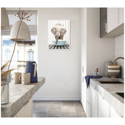 Sylvie Elephant Front in Blue Bathtub on Checker Floor Framed Canvas