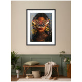 Framed wall art print of a woman with dark hair and a butterfly mask covering her eyes, surrounded by goldenrod flowers on a muted blue-gray background.