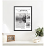 Framed black-and-white wall art styled like a newspaper page titled 'COLORADO' with large mountain and forest photos, displayed above a white shelf with a lamp and potted plant.